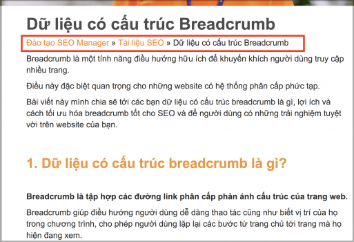 Breadcrumb được đặt ở đầu trang